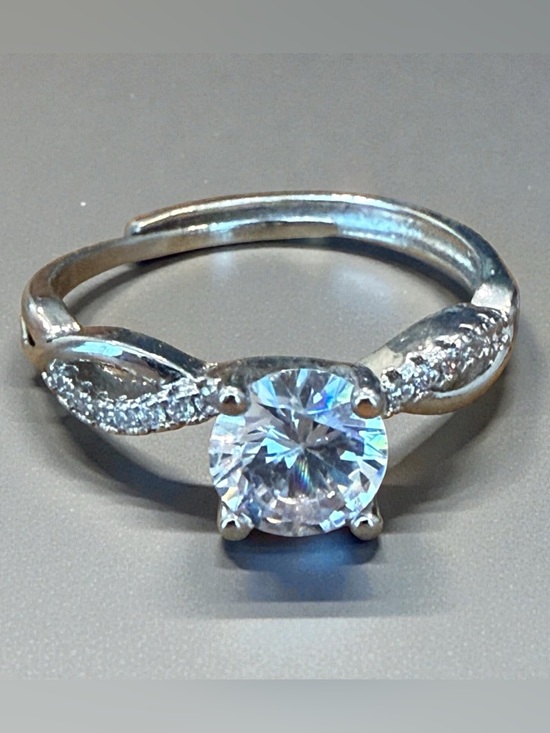 Jewelry - Cubic Zirconia Solitaire Ring in Silver Tone Adjustable Size 8.5